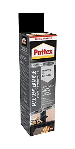 Pattex Silikon-Dichtstoff für hohe Temperaturen, Rot, bis zu 250 °C, Essigsäure, für Mauerwerk, Kunststoff, Metall, Glas und Keramik, ideal für Kamin, Öfen und Backofen, Tube mit 70 ml von Pattex