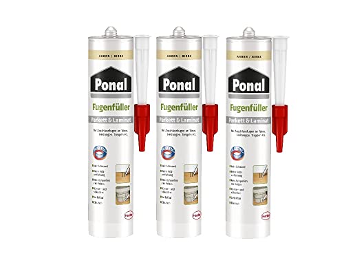 Ponal Parkett & Laminat Fugenfüller Ahorn, elastische Fugenmasse für Anschluss- und Dehnungsfugen, lösemittel-, wasser- und silikonfreie Dichtmasse, 3x280ml Kartusche von Pattex