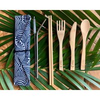 Pauji Outdoors Bambus Besteck Set, Edelstahl Stroh Und Wellen Design-Beutel von PaujiOD