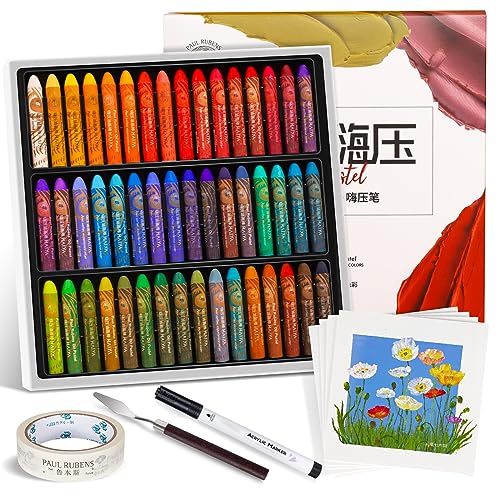 Paul Rubens Ölpastell-Kit, 48 Farben HaiYa Artist Soft Ölpastelle Lebendig und cremig, und 10 Blatt Ölpastellpapier, 1 Abdeckklebstoff, 1 Spachtel und 1 schwarzer Acryl-Marker-Stift von Paul Rubens