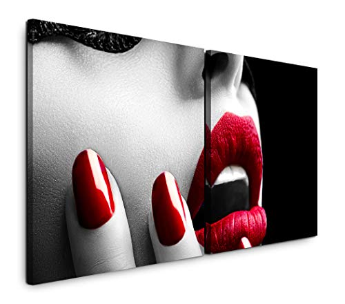 Paul Sinus Art GmbH Frau mit roten Lippen 120x60cm - 2 Wandbilder je 60x60cm Kunstdruck modern Wandbilder XXL Wanddekoration Design Wand Bild von Sinus Art