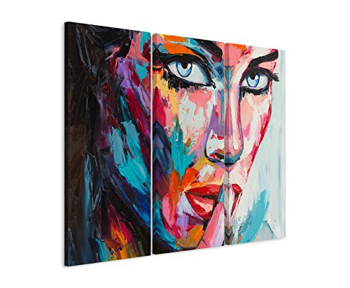 3 teiliges Leinwand-Bild 3x90x40cm (Gesamt 130x90cm) Buntes modernes Ölgemälde – Frau mit blauen Augen auf Leinwand exklusives Wandbild moderne Fotografie für ihre Wand in vielen Größen von Paul Sinus Art