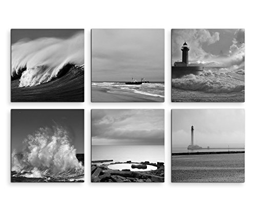 6 teilige moderne Bilderserie je 20x20cm - Schwarz Weiß Leuchtturm Meer Strand von Paul Sinus Art