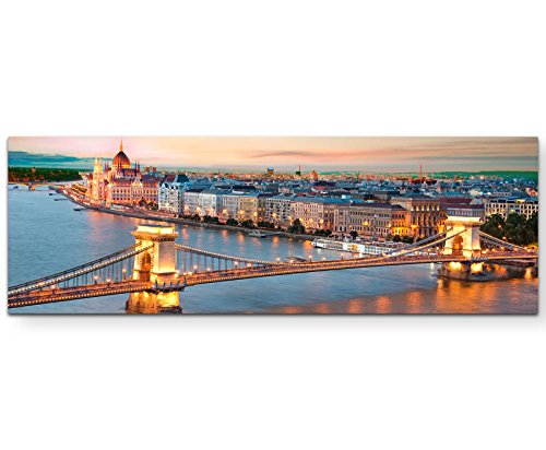 Blick über das Parlament und Donau in Budapest, Ungarn - Panoramabild auf Leinwand in 150x50cm von Paul Sinus Art