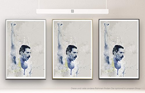 Freddie Mercury V 90x60cm auf Masterclass Metallic Pearl High Gloss Photo Paper inklusive Aluminium Wechselrahmen schwarz mit Glas und Rückwand fertig gerahmt von Paul Sinus Art