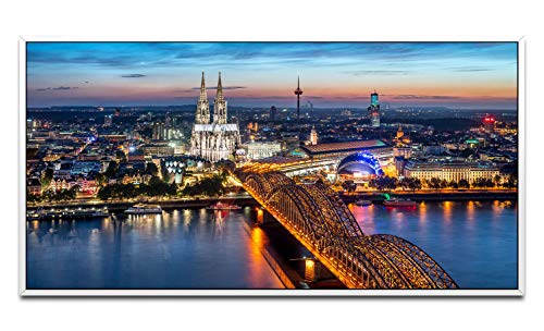 Köln Skyline ca. 130x70cm Wandbild inklusive Schattenfugenrahmen Weiss - Panorama Leinwand Bild XXL Format Wandbilder Wohnzimmer Wohnung Deko Kunstdrucke von Paul Sinus Art