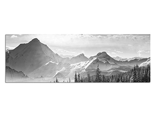 Paul Sinus Art Leinwandfoto als Panorama SCHWARZ/Weiss 120x40cm Berge Wald Schnee Wolken Sonnenstrahlen von Paul Sinus Art