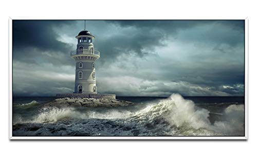 Leuchtturm im Meer ca. 130x70cm Wandbild inklusive Schattenfugenrahmen Weiss - Panorama Leinwand Bild XXL Format Wandbilder Wohnzimmer Wohnung Deko Kunstdrucke von Paul Sinus Art