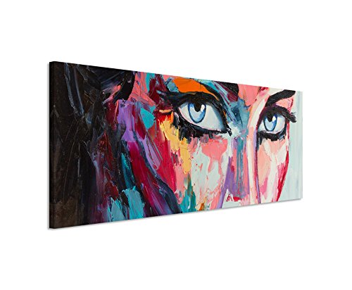 Paul Sinus Art Panoramabild 150x50cm Buntes modernes Ölgemälde – Frau mit blauen Augen auf Leinwand Exklusives Wandbild Moderne Fotografie für ihre Wand in vielen Größen von Paul Sinus Art