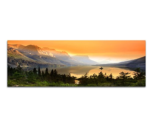 Paul Sinus Art Panoramabild auf Leinwand und Keilrahmen 120x40cm Nationalpark Bergsee Berge Wald Abendlicht von Paul Sinus Art