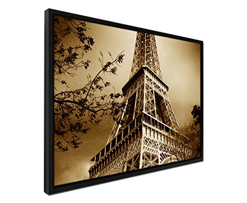Paul Sinus Art 105x75cm Wandbild – Farbe Sepia - auf Leinwand inkusive Schattenfugenrahmen schwarz - Eiffelturm Paris von Paul Sinus Art