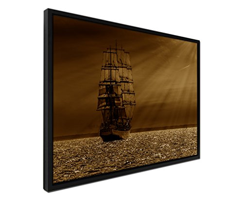 Paul Sinus Art 105x75cm Wandbild – Farbe Sepia - auf Leinwand inkusive Schattenfugenrahmen schwarz - Segelschiff im Sonnenuntergang von Paul Sinus Art