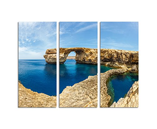 Paul Sinus Art 130x90cm – Keilrahmenbild Meer Felsentor Blaues Fenster Malta Sommer 3teiliges Wandbild auf Leinwand und Keilrahmen - Fotobild Kunstdruck Artprint von Paul Sinus Art