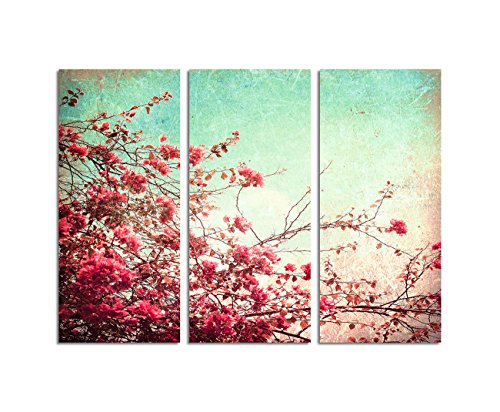 Paul Sinus Art 130x90cm – Kunstdruck Blumen Vintage-Look Altrosa 3teiliges Wandbild auf Leinwand und Keilrahmen - Fotobild Kunstdruck Artprint von Paul Sinus Art