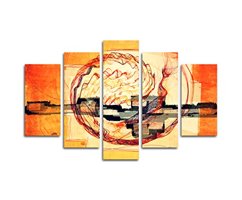 Paul Sinus Art Abstrakte Bilder 5 TEILIG (Gesamt Breite 150 x Höhe 100cm) Abstrakt251 Kunstdruck auf Leinwand orange beige schwarz rot gelb fertig bespannt Einteiler von Paul Sinus Art