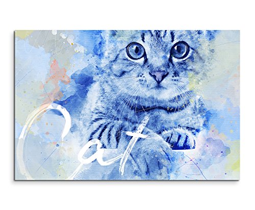 Paul Sinus Art Bild Leinwand 120x80cm Süße Katze in Blautönen mit Kalligraphie von Paul Sinus Art