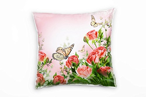 Paul Sinus Art Blume, rosa, grün, Rosen, Schmetterlinge Deko Kissen 40x40cm für Couch Sofa Lounge Zierkissen - Dekoration zum Wohlfühlen von Paul Sinus Art