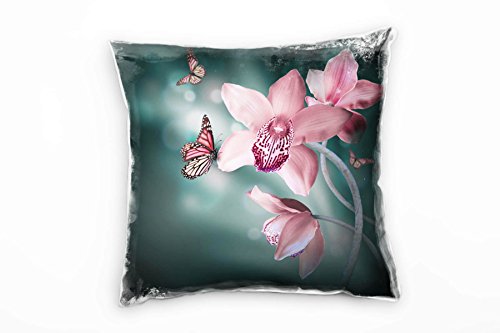 Paul Sinus Art Blumen, Tiere, rosa, türkis, Orchidee, Schmetterlinge Deko Kissen 40x40cm für Couch Sofa Lounge Zierkissen - Dekoration zum Wohlfühlen von Paul Sinus Art