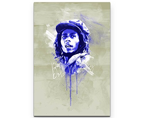 Paul Sinus Art Bob Marley III 90x60cm Splash Art Wandbild auf Leinwand blau von Paul Sinus Art