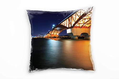 Paul Sinus Art City, Korea, Brücke, Nacht, blau, orange Deko Kissen 40x40cm für Couch Sofa Lounge Zierkissen - Dekoration zum Wohlfühlen von Paul Sinus Art