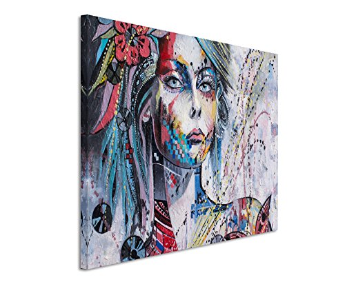 Paul Sinus Art Fotoleinwand 90x60cm Ölgemälde – Farbenfrohes Mädchen mit Blumen und Schmetterling auf Leinwand Exklusives Wandbild Moderne Fotografie für ihre Wand in vielen Größen von Paul Sinus Art