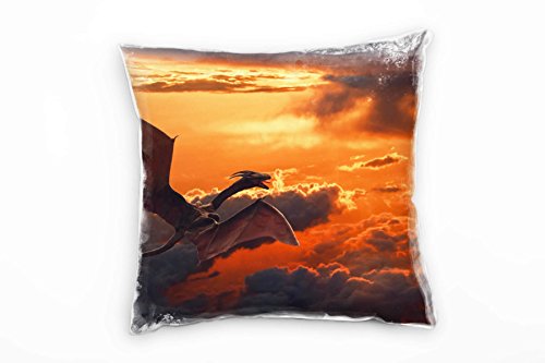 Paul Sinus Art Illustration, orange, Drache im Sonnenuntergang Deko Kissen 40x40cm für Couch Sofa Lounge Zierkissen - Dekoration zum Wohlfühlen von Paul Sinus Art