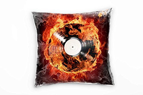 Paul Sinus Art Illustration, schwarz, rot, Schallplatte, Flamen, Musik Deko Kissen 40x40cm für Couch Sofa Lounge Zierkissen - Dekoration zum Wohlfühlen von Paul Sinus Art