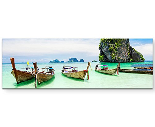 Paul Sinus Art Leinwandbilder | Bilder Leinwand 120x40cm Longtale Boote am Strand von Phuket – Thailand von Paul Sinus Art