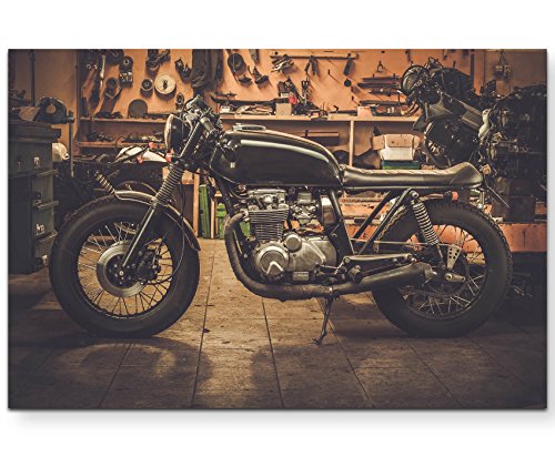 Paul Sinus Art Leinwandbilder | Bilder Leinwand 120x80cm Cafe Racer Motorrad in Garage von Paul Sinus Art