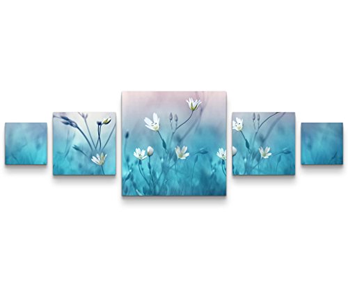 Paul Sinus Art Leinwandbilder | Bilder Leinwand 160x50cm weiße kleine Blumen auf türkiser Wiese von Paul Sinus Art