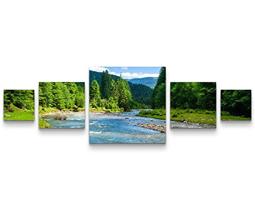 Paul Sinus Art Leinwandbilder | Bilder Leinwand 160x50cm wunderschöne Landschaft mit Bergen, Wald und Bach von Paul Sinus Art