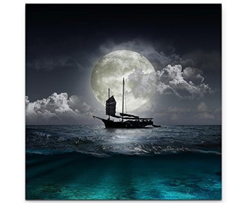 Paul Sinus Art Leinwandbilder | Bilder Leinwand 60x60cm magische Vollmondnacht mit Schiff auf dem Meer von Paul Sinus Art