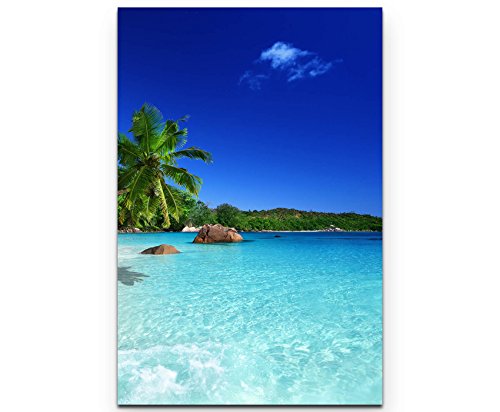 Paul Sinus Art Leinwandbilder | Bilder Leinwand 90x60cm Sandstrand auf den Seychellen von Paul Sinus Art