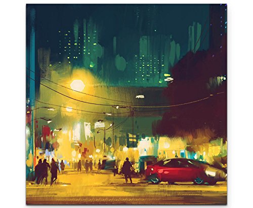 Paul Sinus Art Leinwandbilder | Bilder Leinwand 90x90cm Stadt bei Nacht - Illustration von Paul Sinus Art