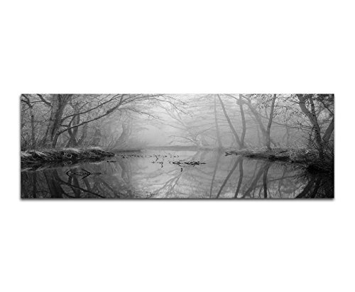 Paul Sinus Art Leinwandfoto als Panorama SCHWARZ/Weiss 150x50cm Wald Bäume Fluss Nebel Dunst von Paul Sinus Art