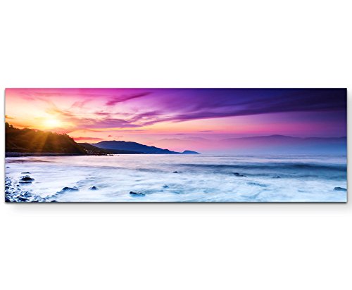 Paul Sinus Art Majestätischer Sonnenuntergang mit pink violettem Himmel - Panoramabild auf Leinwand in 150x50cm von Paul Sinus Art