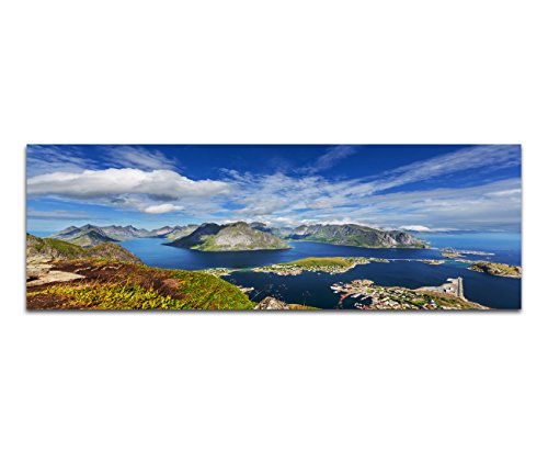 Paul Sinus Art Panoramabild XXL auf Leinwand und Keilrahmen 180x70cm Norwegen Lofoten Berge Wasser Wolkenschleier von Paul Sinus Art