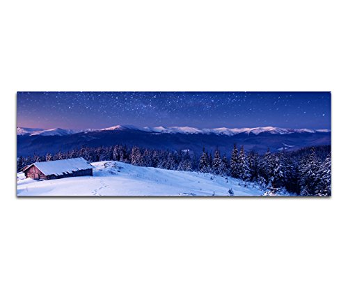 Paul Sinus Art Panoramabild XXL auf Leinwand und Keilrahmen 180x70cm Ukraine Wald Berge Schnee Hütte Milchstraße von Paul Sinus Art