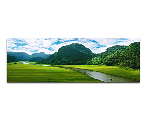 Paul Sinus Art Panoramabild XXL auf Leinwand und Keilrahmen 180x70cm Vietnam Reisfeld Berge Fluss Boote Wolken von Paul Sinus Art