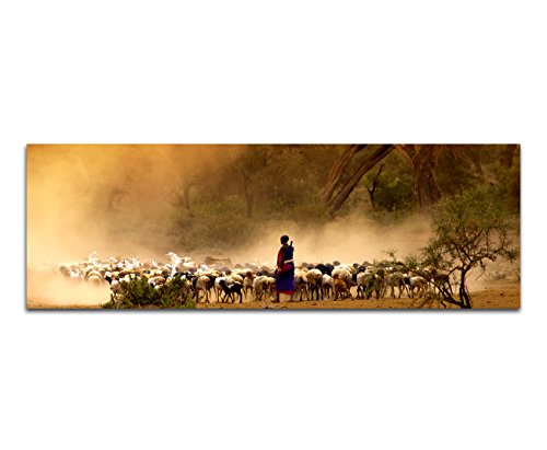 Paul Sinus Art Panoramabild auf Leinwand und Keilrahmen 120x40cm Afrika Hirte Schafherde Bäume Nebel von Paul Sinus Art