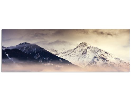 Paul Sinus Art Panoramabild auf Leinwand und Keilrahmen 120x40cm Berge Bäume Nebel Schnee Dämmerung von Paul Sinus Art