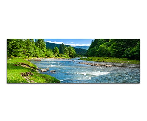 Paul Sinus Art Panoramabild auf Leinwand und Keilrahmen 120x40cm Landschaft Wald Wiese Fluss Himmel von Paul Sinus Art