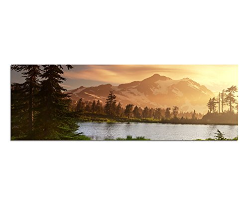 Paul Sinus Art Panoramabild auf Leinwand und Keilrahmen 150x50cm Berge Schnee Waldsee Bäume Natur von Paul Sinus Art