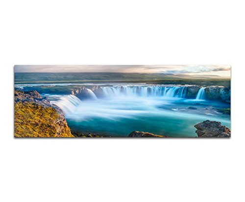 Paul Sinus Art Panoramabild auf Leinwand und Keilrahmen 150x50cm Island Wasserfall Landschaft Natur von Paul Sinus Art