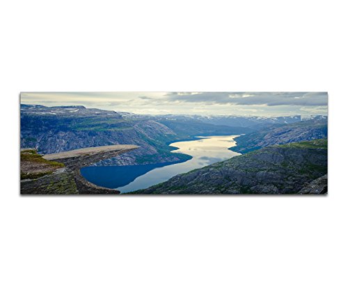 Paul Sinus Art Panoramabild auf Leinwand und Keilrahmen 150x50cm Norwegen Fjord Berge Fluss Natur von Paul Sinus Art