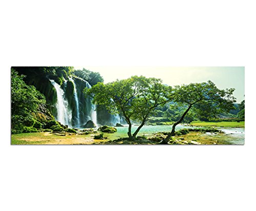 Paul Sinus Art Panoramabild auf Leinwand und Keilrahmen 150x50cm Vietnam Bäume Wald Wasserfall Natur von Paul Sinus Art