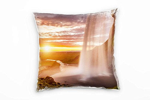 Paul Sinus Art Strand und Meer, Wasserfall am Meer, Felsen, grün Deko Kissen 40x40cm für Couch Sofa Lounge Zierkissen - Dekoration zum Wohlfühlen von Paul Sinus Art