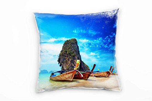 Paul Sinus Art Strand und Meer, beige, blau, Boote, Thailand Deko Kissen 40x40cm für Couch Sofa Lounge Zierkissen - Dekoration zum Wohlfühlen von Paul Sinus Art