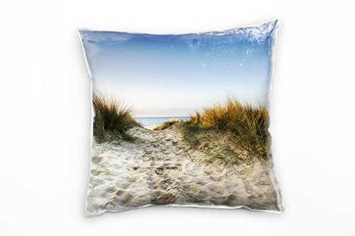 Paul Sinus Art Strand und Meer, beige, blau, grün, Sanddünen, Gras Deko Kissen 40x40cm für Couch Sofa Lounge Zierkissen - Dekoration zum Wohlfühlen von Paul Sinus Art