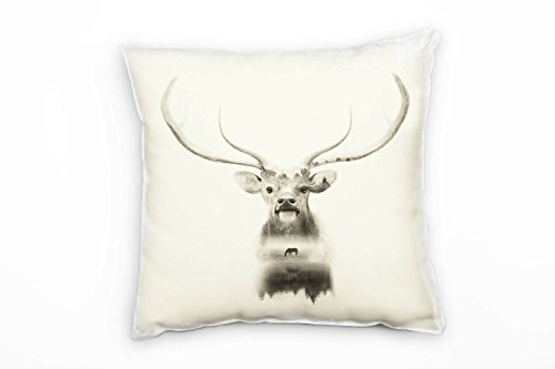 Paul Sinus Art Tiere, Abstrakt, Wald, Hirsch, Creme, grau Deko Kissen 40x40cm für Couch Sofa Lounge Zierkissen - Dekoration zum Wohlfühlen von Paul Sinus Art